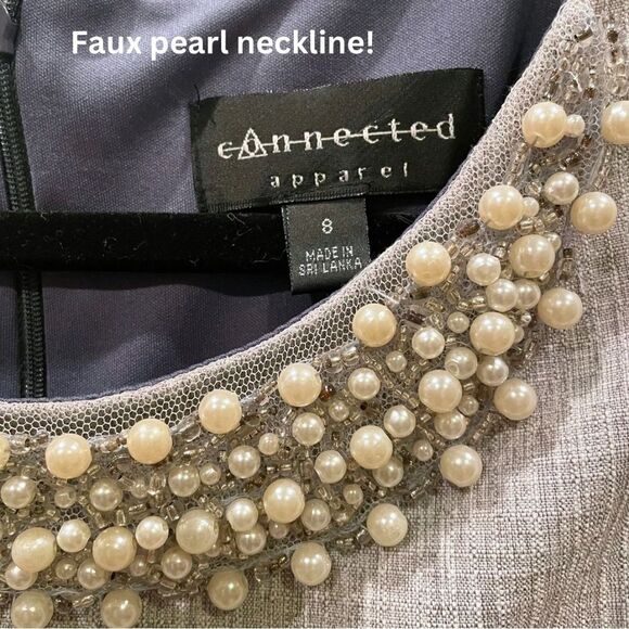 Connected Apparel: Elegant Gray Embellished Neckline Dress, Size 8. - Picture 3 of 7